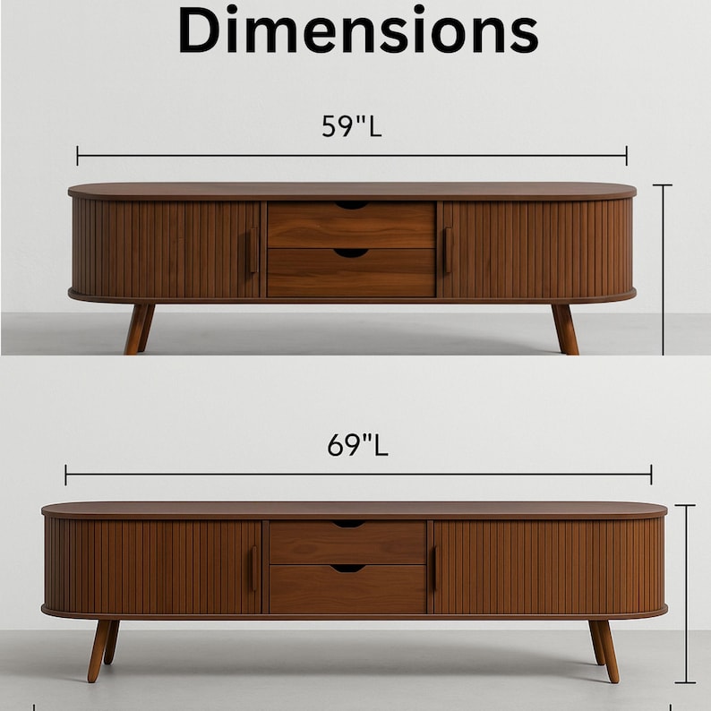 May include: Two brown wooden media consoles with the word "Dimensions" above. The top console is 59 inches long, and the bottom console is 69 inches long. Each console has two drawers and two doors.