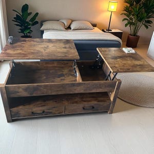 Rustic Lift Top Coffee Table with Hidden Storage Compartment & 2 Drawers – Farmhouse Wooden Center Table for Living Room Decor