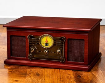 Vintage Wooden Record Player, Bluetooth Turntable, Vinyl to MP3 Converter, CD Cassette FM Radio