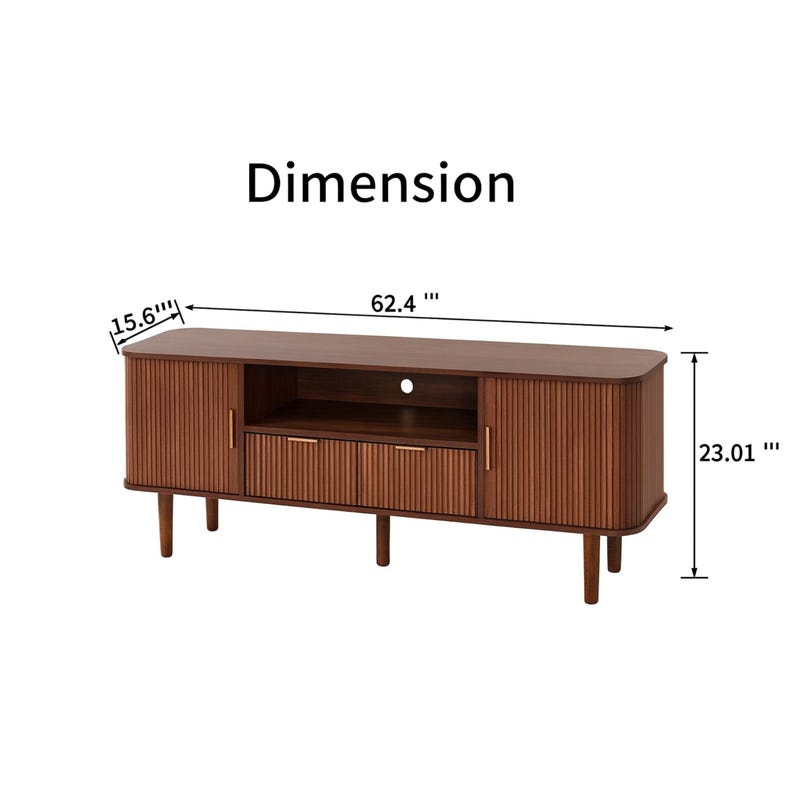 May include: A brown wooden TV stand with a mid-century modern design. It features two doors, two drawers, and an open shelf. The stand is 62.4 inches wide, 15.6 inches deep, and 23.01 inches tall.