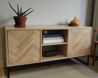 Wood Media Console TV Stand - Modern Entertainment Cabinet with Herringbone Doors and Cubby Storage