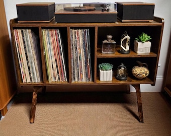 Record Player Stand with 4 Cabinet Holds Up to 220 Albums, Large Turntable Stand with Beech Wood Legs