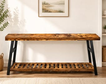 Mesas consola largas para recibidor, mesa de recibidor de madera de 2 niveles, mesa de sofá estrecha