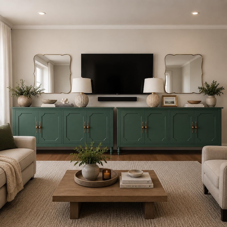 May include: A living room featuring two dark green cabinets with gold hardware, topped with lamps and mirrors. A large TV is mounted above the cabinets. A wooden coffee table with decor sits on a neutral rug, with a beige sofa and armchair.