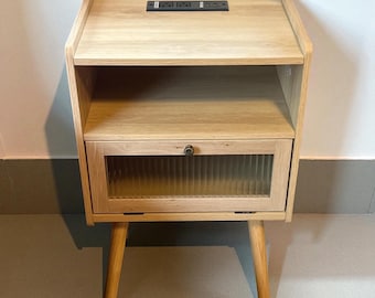 Mid Century Modern Nightstand with Charging Station, 2-Tier Bedside Table with Glass Door, End Table for Bedroom & Living Room Storage