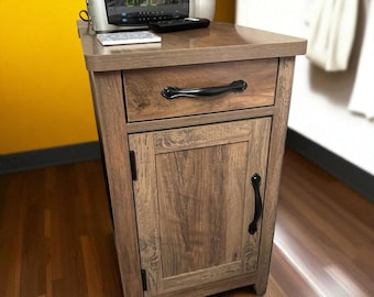 Narrow Side Table for Living Room, Natural Farmhouse End Table with Charging Station, Sofa Side Table with Drawer and Storage Cabinet