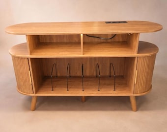 Mid-Century Modern Wooden Round Console Record Player Stand with Charging Station