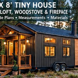 May include: A 24' x 8' tiny house with a loft, woodstove, and fireplace. The structure features dark vertical siding, a metal roof, a wooden porch with steps, and multiple windows. Text reads: 24' X 8' TINY HOUSE WITH LOFT, WOODSTOVE & FIREPACE.