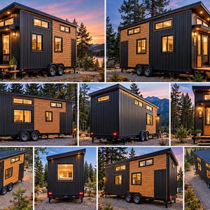 May include: A tiny house on wheels featuring a modern exterior with black vertical metal siding and natural wood paneling. The structure includes multiple rectangular windows, a shed-style roof, and a wooden entrance deck with stairs.
