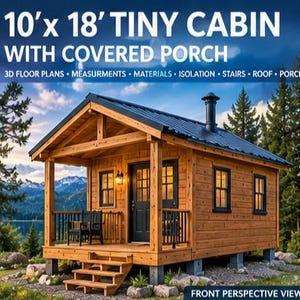 May include: A 10' x 18' tiny cabin with a covered porch, featuring natural wood siding, a dark metal roof, a chimney, and black-framed windows. The text reads 10' x 18' TINY CABIN WITH COVERED PORCH, 3D FLOOR PLANS, MEASURMENTS, MATERIALS, ISOLATION, STAIRS, ROOF, PORCH.