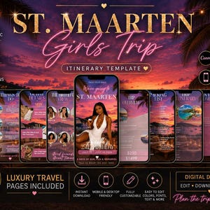 Puede incluir: Una plantilla digital de itinerario para un viaje de amigas a St. Maarten con ocho pantallas de teléfono móvil sobre un fondo de playa al atardecer. El diseño incluye texto en dorado y rosa, espacios para fotos y secciones de planificación.