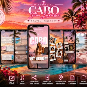 Könnte beinhalten: Eine digitale Reiseplanvorlage für Cabo San Lucas, dargestellt auf acht Smartphone-Bildschirmen. Das Design zeigt ein Strand-Sonnenuntergangs-Thema mit rosa Text, einschließlich des Titels Welcome to Cabo San Lucas und 30th Birthday.