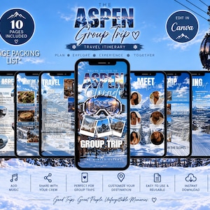 Op de afbeelding: Een digitaal reisplan-sjabloon voor een groepsreis naar Aspen, Colorado, weergegeven op meerdere smartphoneschermen. Het ontwerp bevat besneeuwde berglandschappen, een skibril en een gondel, met tekst waaronder The Aspen Group Trip.