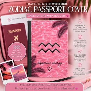 May include: A pink passport cover featuring a black Aquarius zodiac symbol, palm leaf silhouettes, and the text "aquarius energy" with a heart icon. The cover has a black spine and a textured surface resembling water ripples in bright pink.
