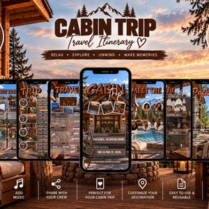 Può includere: Un modello digitale di itinerario di viaggio per baite con nove pagine modificabili visualizzate su schermi di smartphone. Il design include testo marrone, grafiche di montagne e segnaposto per foto, date e programmi, con il testo Cabin Trip Travel Itinerary, Relax, Explore, Unwind, Make Memories e Edit in Canva.
