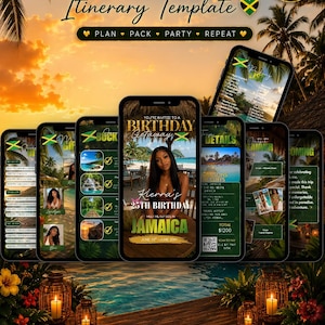 May include: A digital Jamaica itinerary template featuring multiple smartphone screens displaying travel plans, birthday details, and checklists against a tropical sunset background. The design includes gold text, palm trees, and editable Canva icons.