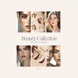 Puede incluir: Un collage de imágenes que presentan primeros planos de rostros de mujeres con diferentes tonos y texturas de piel. Las imágenes están dispuestas en una cuadrícula con un título que dice "Beauty Collection 25 Stock Images (Vol. 1)".