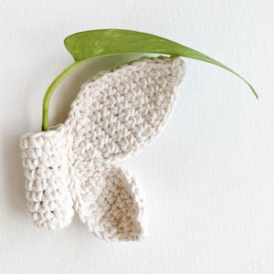 May include: A crocheted plant hanger with a cream colored design. The hanger is shaped like a leaf and has a small pot at the bottom. A green leaf is draped over the top of the hanger.