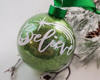 Believe - Nativity - Mess Free Glitter Ornament - Personalized - MANY COLORS - Christmas Tree Ornament - Several Styles Available