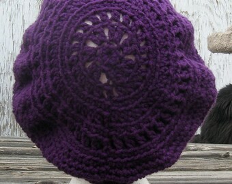 Slouchy Hat Mandala Design Crochet Mandala Hat Dread Hat Purple Beanie Purple Beret Tam Purple Hat