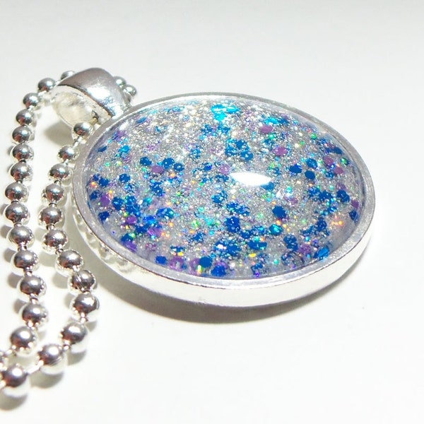Blue/Silver Glitter Pendant, Glitter Necklace, Glitter Jewelry