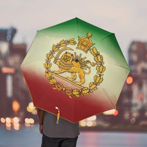 Op de afbeelding: Een open paraplu met een ontwerp met een gouden leeuw met een zwaard, een kroon en een krans, tegen een rood, wit en groene achtergrond. De paraplu wordt door een persoon vastgehouden, met een vage stadsachtergrond.