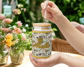 Mahjong Malka Sipper Glass, 16oz  Vintage Inspired Original Art-Design Hand Drawn Mahjong Crown For The Mahjong Malka ( Queen)