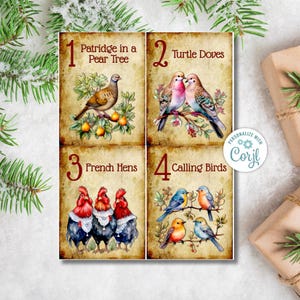 Cartões de 12 dias de Natal, cartões-presente, 12 dias de Natal, cartão personalizado, cartões para impressão, doze dias de Natal digital