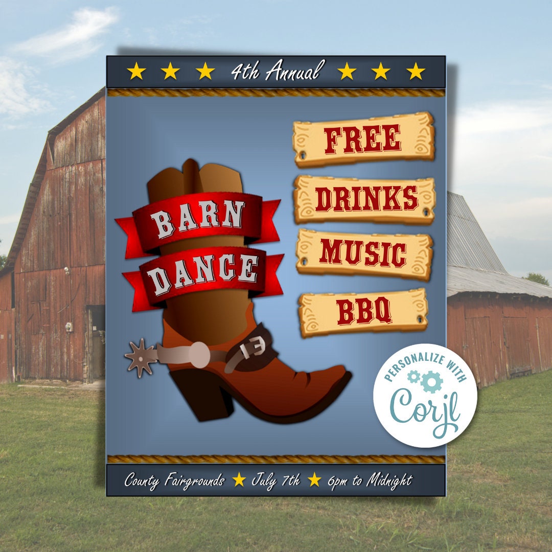 Barn Dance Flyer, Country Western Dance, Dance Party Invitation, Barn Dance Invitation, Rustic Party, School Prom Flyer, Edit With Corjl - Etsy