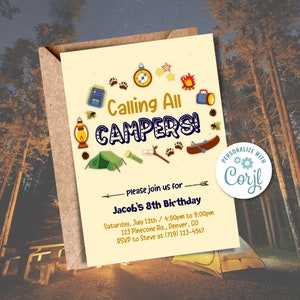 Camping Birthday Invitation, Welcome Campers Invitation, Birthday Invitation, Backyard Fun, Boy or Girl Camp Birthday Invitation, Edit Corjl