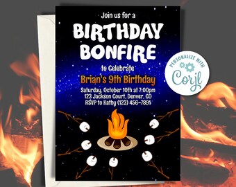 Birthday Invitation, Birthday Bonfire Invitation, Backyard Party Invitation, Backyard Birthday, Kids Birthday Invitation, Edit with Corjl