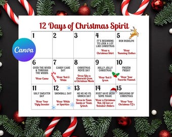 12 Tage Weihnachtsstimmung Kalender | Urlaub Dress-Up Tage Printable | Bearbeitbare Canva Vorlage für Schule & Klassenzimmer Spaß