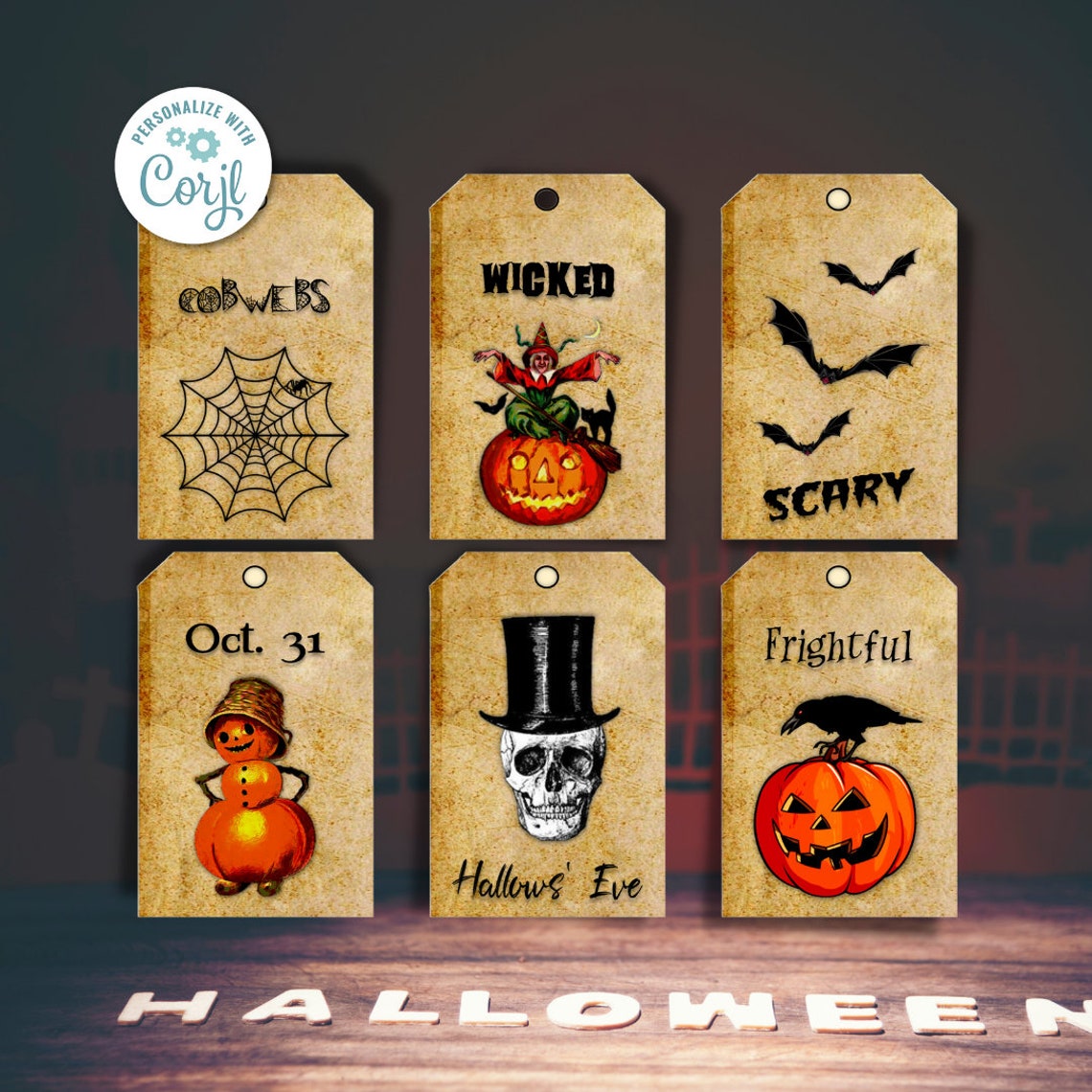 Editable Vintage Halloween Gift Tags, Primitive Tags, Favor Tags