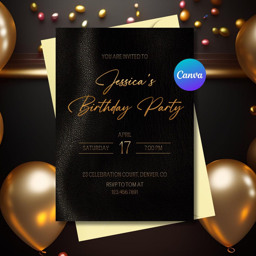 Black and Gold Birthday Invitation | Elegant Canva Template 5x7 Inch ...