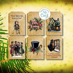 Étiquettes cadeaux The Christmas Carol – étiquettes des Fêtes imprimables inspirées de Dickens – étiquettes de fête de Noël vintage – téléchargement immédiat