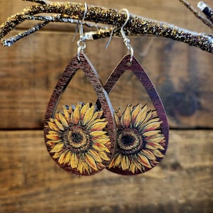 Handmade Birchwood Sunflower Earrings: Autumn Dangle Jewelry