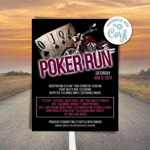 Poker Run Flyer – Wydrukowane zaproszenie na przejażdżki motocyklowe, imprezy charytatywne i biegi rekreacyjne – Edytowalne, do natychmiastowego pobrania