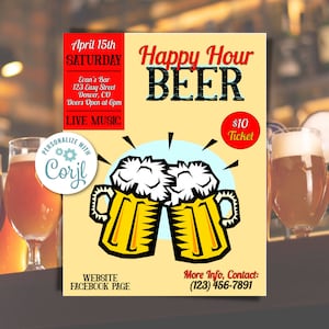 Happy Hour Bar Flyer – Printable Event Poster – Fun and Stylish Design – Instant Download – Perfect for Bars & Restaurants