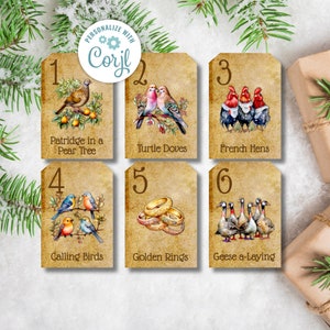 Etiquetas para presente de 12 dias de Natal – Etiquetas para contagem regressiva para o feriado para impressão – Etiquetas para presentes festivos – Tradição divertida de feriado – Download instantâneo
