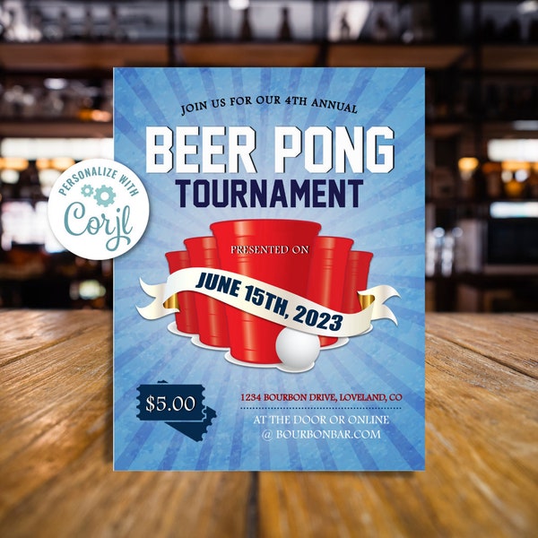 Beer Pong Tournament Flyer, Beer Pong Party, Bar Party, Red Cup Party, Club Party, Club Fundraiser, Beer Pong Fundraiser, Edit with Corjl