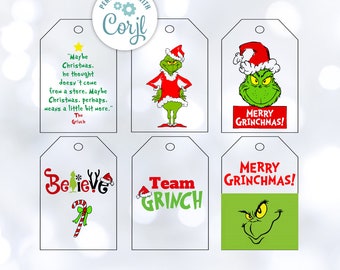 Grinch Weihnachtsgeschenkanhänger - Druckbare Feiertagsanhänger für Geschenke, Strümpfe & Gastgeschenke - Bearbeitbar und Sofort-Download