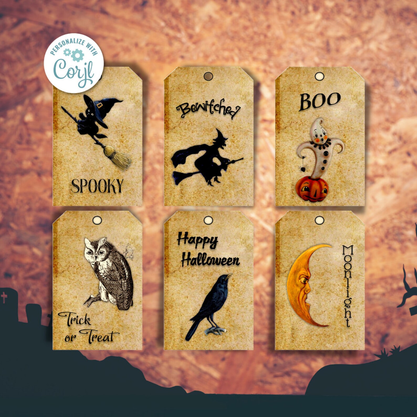 Editable Vintage Halloween Gift Tags, Primitive Tags, Favor Tags ...