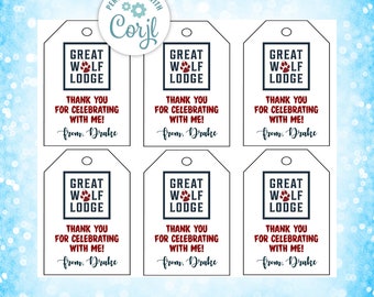 Great Wolf Lodge Gift Tags, Thank You Gift Tags, Thank You Gift Favor Tags, Gift Favor Tags, Great Wolf Lodge, Birthday Gift Tags, Favor Tag
