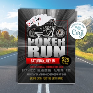 Poker Run Flyer – Printable Invitation for Motorcycle Rides, Charity Events & Fun Runs – Editable, Instant Download