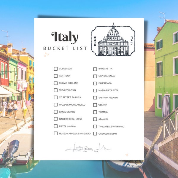 Travel Bucket List, Italy Travel Bucket List, Printable Travel Bucket List, Adventure List, Italy Foodie List, Italy Destinations
