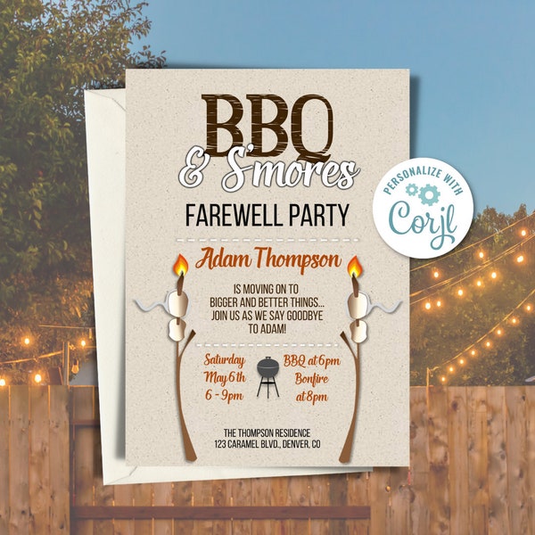 BBQ Party Invitation, Barbeque Invitation, Farewell Party Invitation, Going Away Party Invitation, Bon Voyage Party Invitation, Edit w Corjl