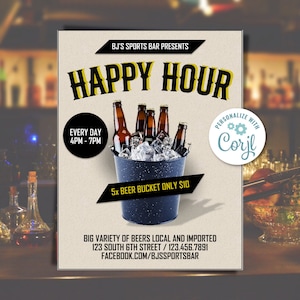 Happy Hour Bar Flyer – Printable Event Poster – Fun and Stylish Design – Instant Download – Perfect for Bars & Restaurants