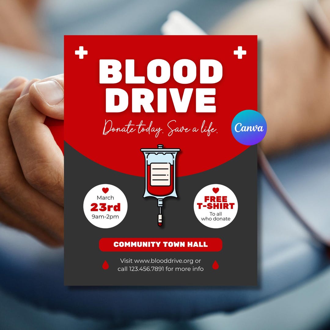 Blood Drive Flyer Template | Editable Canva Poster | Red Cross Donation ...