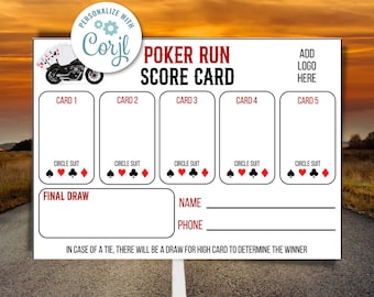 Carte de pointage Poker Run, Carte de pointage Poker Run personnalisée, Carte de pointage pour événement caritatif moto, Carte de pointage, Modifier avec Corjl, Carte de pointage