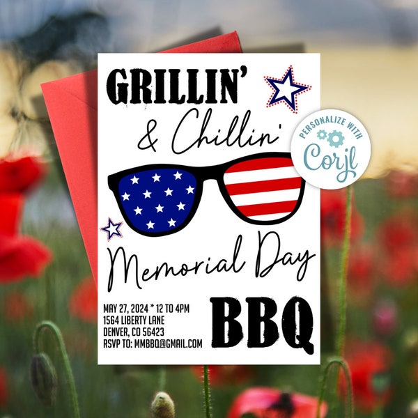 Memorial Day Invitation, Memorial Day Invite, Memorial Day BBQ Invite, Memorial Day, Barbeque Invitation, Edit with Corjl, Barbeque Invite